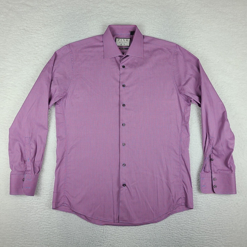 Thomas Pink Dress Shirt Mens 16 Blue Pink Geometric Slim Fit Button Up